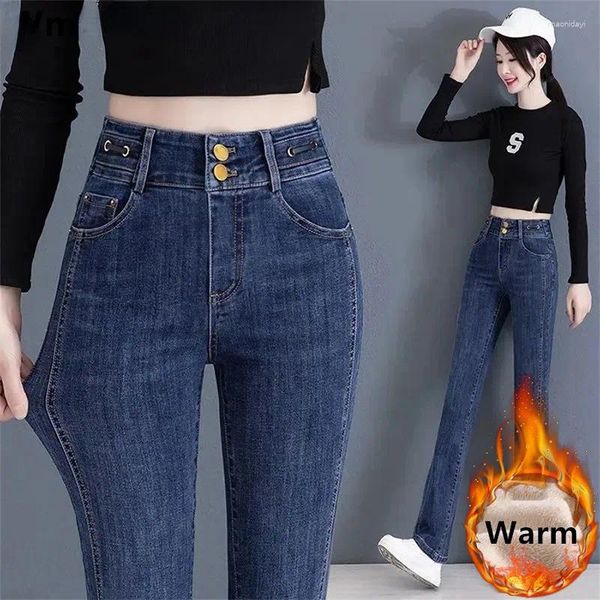 Jeans de mujer Casual Straight Kot Pantolon Stretch Vaqueros Invierno Espesar Cálido Flare Denim Pant Mujeres Slim Cintura Alta Felpa Terciopelo Forrado