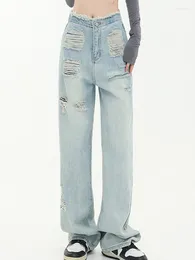 Jeans pour femmes décontractés droite percés hauts hauts pantalons larges lâches 2024 vêtements de mode coréens
