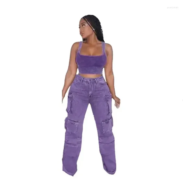 Vaqueros de Mujer Pantalones Casuales Tie-Dye Bolsillos de Cintura Alta Y2K Multi-Bag Monos de Mezclilla para Mujer Pantalones de Pierna Ancha Ropa de Calle