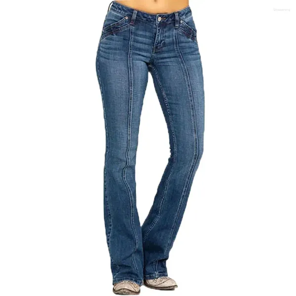 Jeans femininos casuais calças femininas retro lavado flared hem com cintura média slim fit colorfast design para comprimento total senhora longa