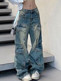Jeans pour femmes Celana kargo warna polos Rétro celana multi saku jins lurus longgar Hiphop Punk jalanan tinggi mengepel kaki lebar fungsional 230904