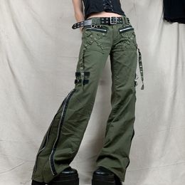 Jeans femme Celana Wanita Gotik Punk Longgar Kawaii Ketat Balutan Pinggang Rendah Kargo Grunge Hijau Ritsleting Olahraga Corée 230510