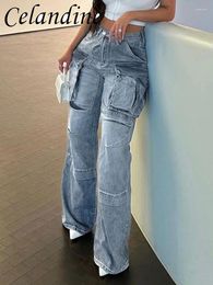 Jeans féminins Célandine Pantalon de chargement consécutif décontracté Vintage Femmes Grunge Low Pockets Stitch Denim Trant