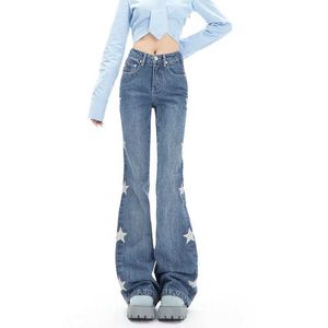 Jeans pour femmes chic étoiles rétro imprimées femmes couleurs solides denim flare jean femme été haute taille féminine pantalon complet bel-bas-fond vintage y240422