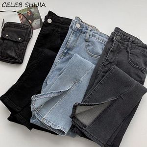 Dames Jeans Chic Split Dames Street chic 2024 Hoge taille Elastisch Denim Dames Wijde pijpen broek Koreaanse mode Blauw Onderkleding Mom