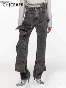 Jeans Femme CHICEVER Patchwork bouton mode jean ample pour les femmes taille haute épissé poches Streetwear décontracté droit Denim pantalon FemaleC24318