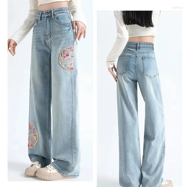 Jeans pour femmes Style national chinois brodé jambe large femme printemps 2024 taille haute conception mince pantalon droit femmes marée 5XL