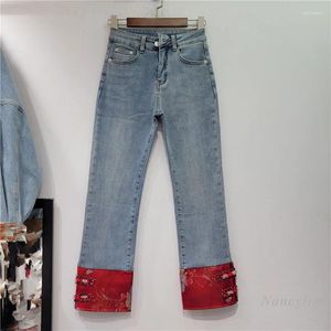 Jeans pour femmes Style chinois Boucle de couleur contrastée pour femmes 2024 Hiver Diamant intégré Taille haute Minceur Pantalon bleu
