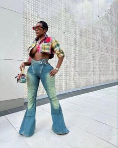 Jeans pour femmes Cinessd Mode Taille réglable Taille Sexy Bouton de découpe High 2023 Slim Fit Gaine Bootcut Pantalon