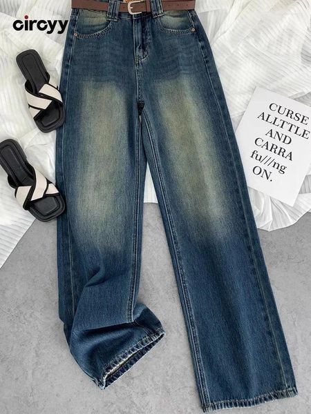 Jeans pour femmes Circyy Blue High Taille Femme Denim Pantalon avec ceinture Large jambe Streetwear Mode Pantalon droit Automne Hiver