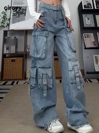 Jeans pour femmes Circyy Cargo Pant Taille haute 2023 Bleu avec ceinture Jambe large Lâche Streetwear Vintage Y2k Poches Pantalon 231117