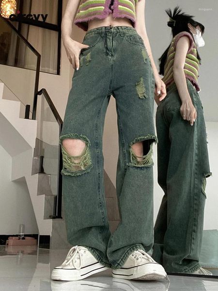 Jeans féminins Circyy Green Ripped for Women Tassel Y2k Wide Leg Streetwear Full Longueur Fashion GRUNG