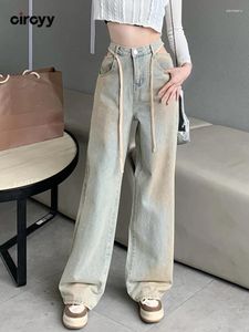 Jeans pour femmes circyy haute taille y2k hingestone contraste couleur lace up hollow out pantalon droit de la jambe large