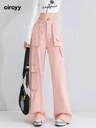 Jeans para mujer Circyy Pink Pantalones de carga Mujeres de cintura alta Bolsillos con cordón Pierna ancha Otoño Streetwear Pantalones sueltos de longitud completa