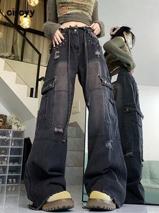 Jeans pour femmes Circyy déchiré noir Y2k jambe large à lacets décoration en métal Streetwear gland mode pantalon droit