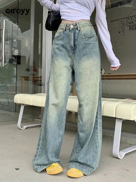 Jeans para mujer Circyy Mujeres de cintura alta 2023 Otoño Botón azul Pierna ancha Pierna de longitud completa Pantalones de mezclilla sueltos Streetwear Pantalones Vintage