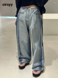 Jeans pour femmes Circyy Femmes Taille Haute Taille 2024 Bouton à rayures latérales Pantalon en denim à jambe large Streetwear Vintage Pantalon ample épissé
