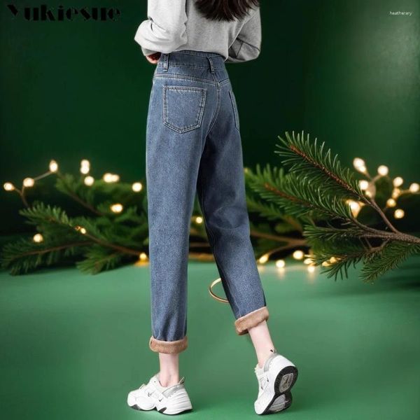 Jeans pour femmes classique plus velours taille haute sarouel femme automne hiver chaud longueur cheville femmes all-match streetwear