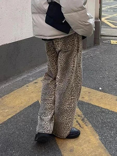 Jeans para mujer Clásico Y2K Streetwear para mujeres Moda Cintura alta Chicly Leopardo Estampado recto Longitud completa Casual Mujer Pantalón de pierna ancha
