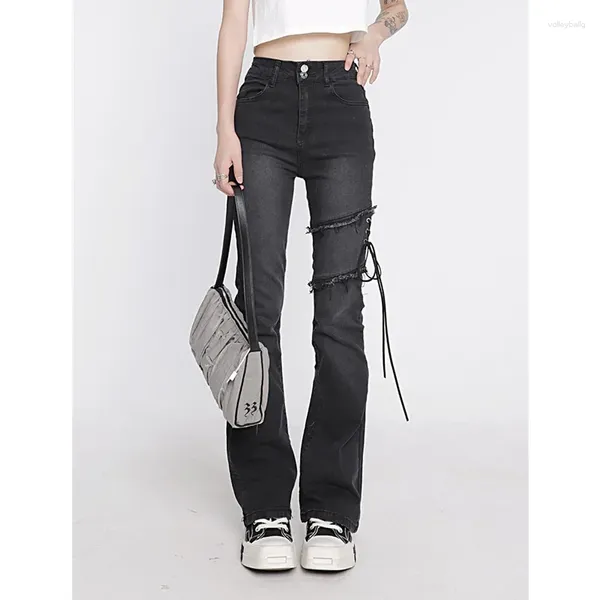 Jeans pour femmes Vêtements Flare Noir Laçage Taille Haute Extensible Auto-Culture Vintage Casual Baggy Dames Denim Pantalon Été