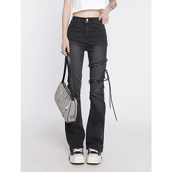 Jeans pour femmes Vêtements Flare Noir Laçage Taille Haute Extensible Auto-Culture Vintage Casual Baggy Dames Denim Pantalon Été 220928