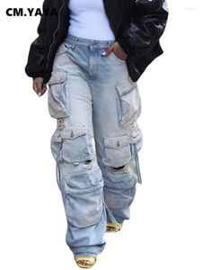 Jeans Femme CM.YAYA Femmes Safari Style Déchiré Cordon De Serrage Taille Élastique Multi Pocke Denim Pantalon 2024 INS Pantalon Cargo De Mode