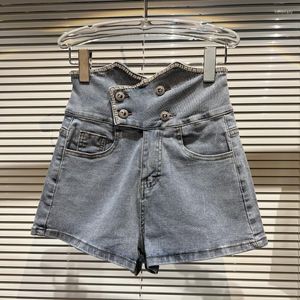 Jeans Femme Collection Taille Haute Strass Double Boutonnage Boutons Bleu Clair Stretch Denim Shorts Femme Court GF349