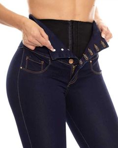 Damesjeans Colombiaanse Butt Lift-jeans met hoge taille en interne gordel Maak je buik plat Controle over je benen Marineblauwe jeans met hoge taille 24328