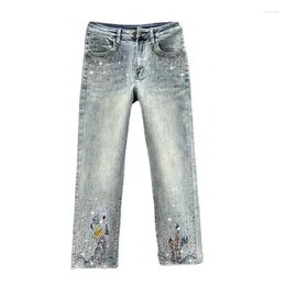 Jeans pour femmes cristaux colorés brodés denim pantalon à jambe droite femme 2024 Été extensible taille haute mimage