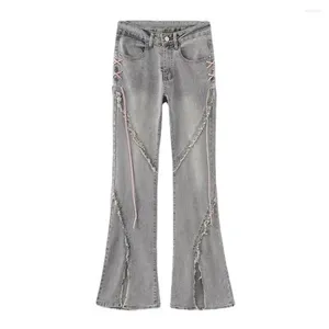 Jean en coton mélangé pour femmes, taille haute, ourlet évasé avec sangle fendue déchirée, décor, pantalon Streetwear, détail Patchwork