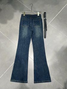 Jean en coton avec ceinture pour femmes, matériau sergé, doux et confortable, lettre percée, Simple, Micro fente, pantalon à la mode, XX93401