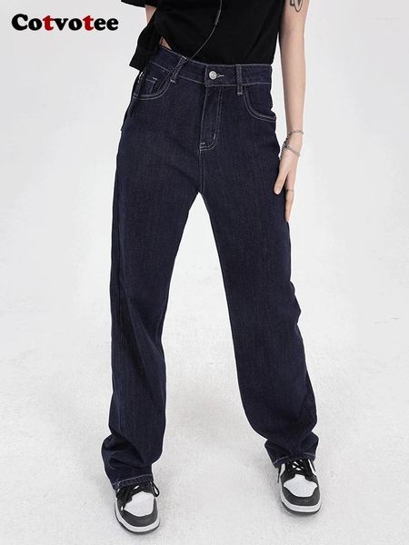 Jeans pour femmes cotvotee bleu foncé taille haute pour les femmes 2024 vintage street chic lavé hétéro y2k pantalon denim complet