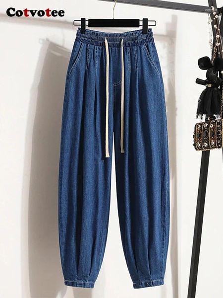 Jeans pour femmes Cotvotee Harem Pantalon pour femmes Causal Basic Cordon Denim Confortable Bleu Taille haute Mode coréenne Longueur de la cheville