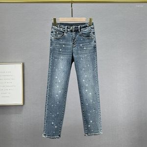 Jean court en coton pour femmes, élastique, taille haute, amincissant, perçage, droit, slim, pantalon en Denim bleu, printemps 2024