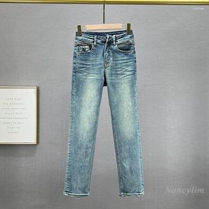 Jeans pour femmes recadrés pour femmes 2024 tendance printemps stretch taille haute coupe slim BF tout assorti pantalon droit bleu