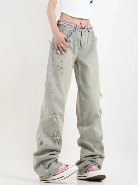 Jeans pour femmes croix patch jaune couleur boue droite pantalon décontracté de style neutre vintage féminin