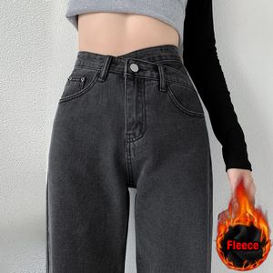 Jeans pour femmes taille croisée conception polaire droite Baggy épaissir velours hiver Denim pantalon rue vadrouille pantalon large 230202