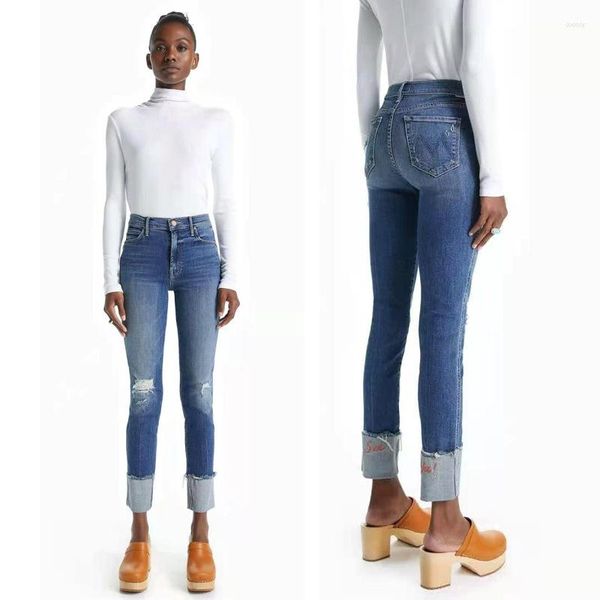 Jeans para mujer Tubo recto rizado para mujeres Verano Thin 2023 Cintura alta Slim Pequeños pantalones de humo