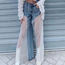 Jeans pour femmes Cutubly Sexy Mesh Lace Star Patchwork Pantalon droit en denim Voir à travers la fermeture éclair Streetwear Lâche Vintage Pantalon large