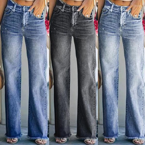 Jean délavé à jambes larges pour femmes, pantalon légèrement déchiré, tendance, rayé, à la mode, printemps et automne, 2023