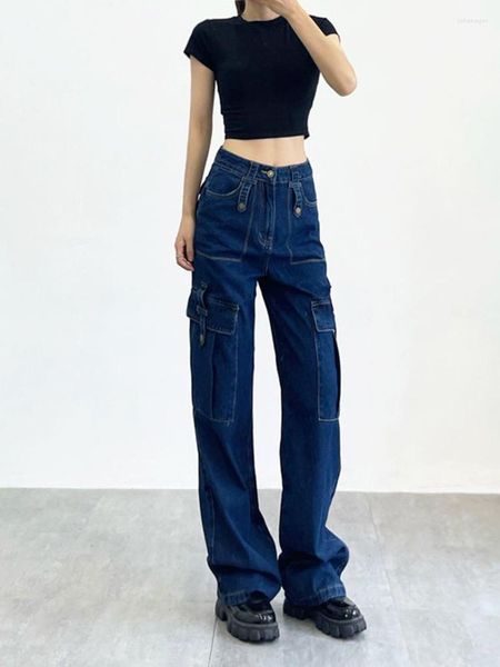 Jeans femme bleu foncé lavé poche Cargo pantalon américain rétro mode Y2k jambe large femmes automne fille taille haute