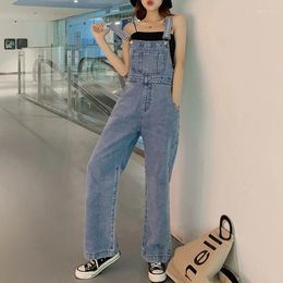 Jeans pour femmes bleu foncé jambe large denim salopette pour femmes printemps automne décontracté grande poche jean combinaison y2k style coréen lâche jarretelle