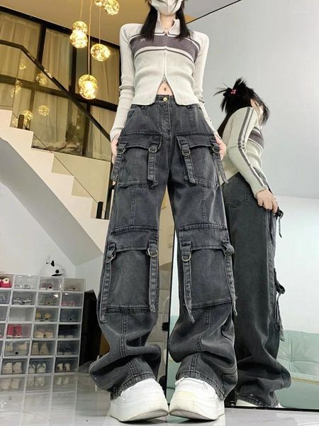 Jeans pour femmes gris foncé multi-poches Baggy-ajustement pantalon cargo à jambes larges femmes 2024 automne hiver design lavé en détresse taille haute