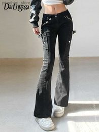 Jeans para mujer Darlingaga Gothic Punk Hebilla Skinny Flare Jeans Mujeres Slim Black Harajuku Denim Pantalones de cintura baja Pantalones coreanos Capris Capris Q230901