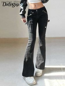 Dames Jeans Darlingaga Gothic Punk Gesp Skinny Flare Jeans Vrouwen Slanke Zwarte Harajuku Denim Lage Taille Broek Koreaanse Stretch Capri broek Q230901