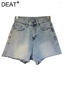 Jeans pour femmes DEAT Denim Shorts taille haute rayé vertical strass diamants bavures pantalons courts 2024 mode d'été 29L6753