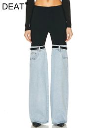 Jeans voor dames DEAT Mode Hoge taille Recht Patchwork PU-leer Gesp Streetwear Denim broek Lente 2023 Trend 17A2013H 230322