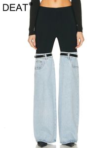 Jeans pour femmes DEAT Mode Taille haute Droite Patchwork PU Cuir Boucle Streetwear Denim Pantalon Printemps 2023 Tendance 17A2013H 230322