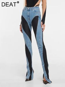 Jeans para mujer DEAT Fashion Slim Deconstruct Paneled Patchwork Cintura alta Split Blue Long Denim Pantalones Otoño 2023 1DF2575 230228