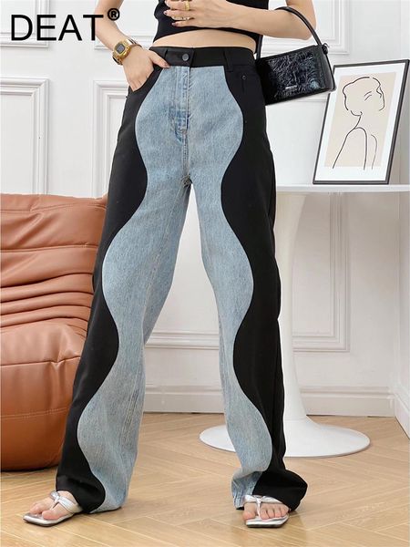 Jeans Femme DEAT Mode Femmes Jeasn Taille Haute Noir Bleu Vague Épissé Tube Droit Large Jambe Denim Pantalon Automne 17A2517 230906